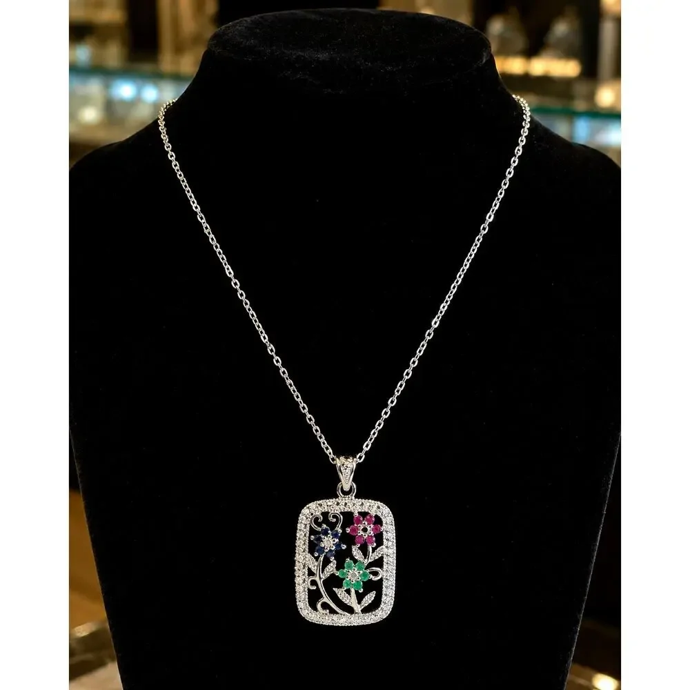 Vintage Floral Gemstone Pendant Necklace Sterling Silver Style